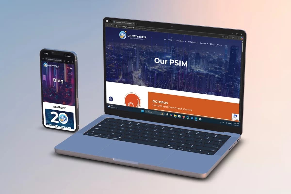 Onesystem Technologies product website on a laptop alongside its blog on a phone.