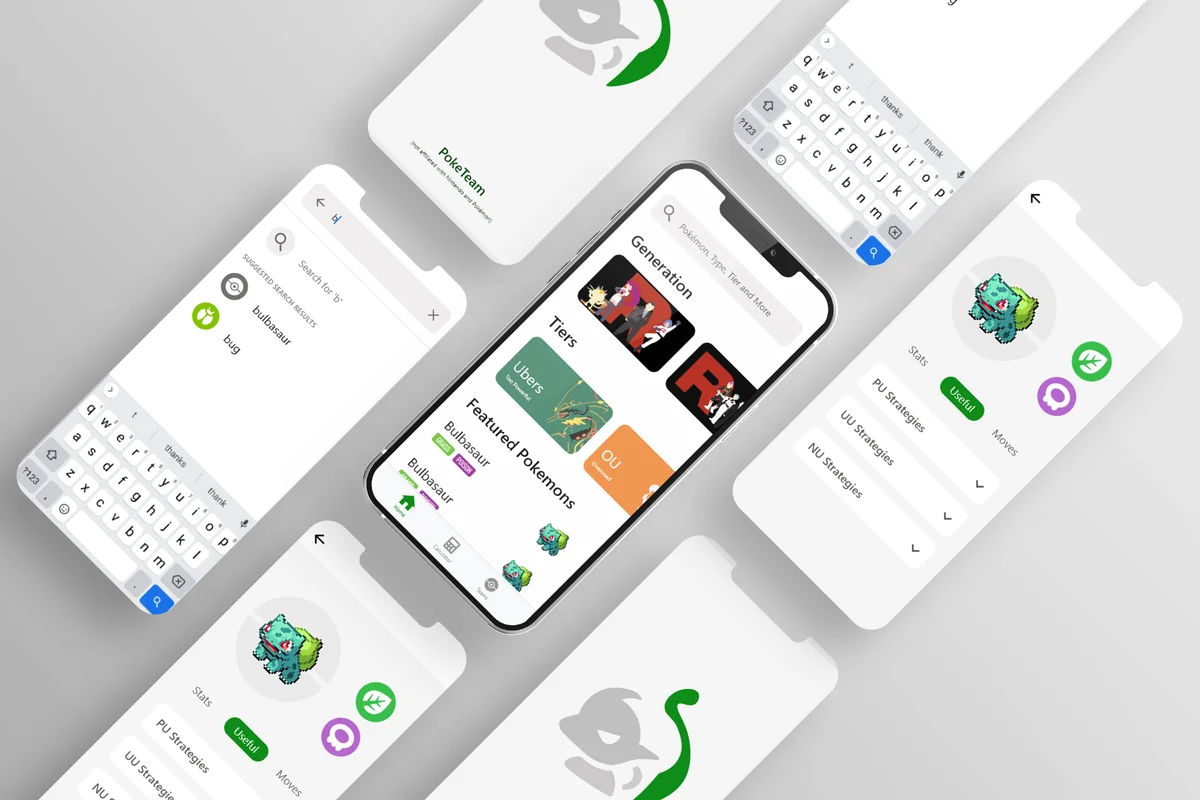 PokéTeams mobile design showing Pokémon search, competitive tiers, and Bulbasaur details.