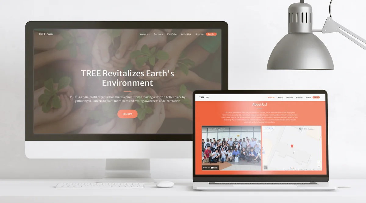 TREE environmental organisation website displayed on a desktop monitor and laptop.